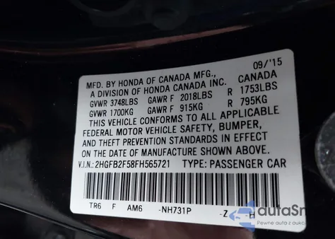 2015 Honda Civic Lx z USA, uszkodzony, nr VIN 2HGFB2F58FH565721